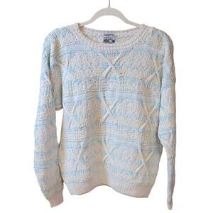 Vintage Ninon Hand Knit Pastel Cable Sweater White Blue Yellow Women's M